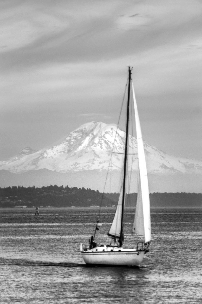 Rainier, mount rainer, puget sound, sailboat